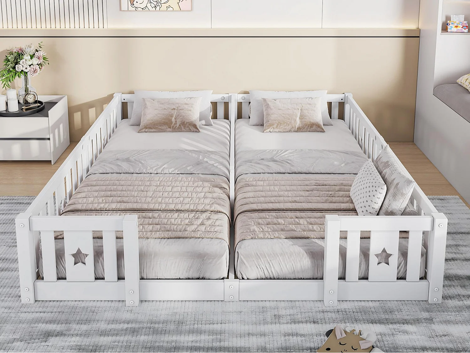 Lit enfant 180x200 cm en bois massif, lit au sol avec barrières, structure à barreaux avec motif étoile