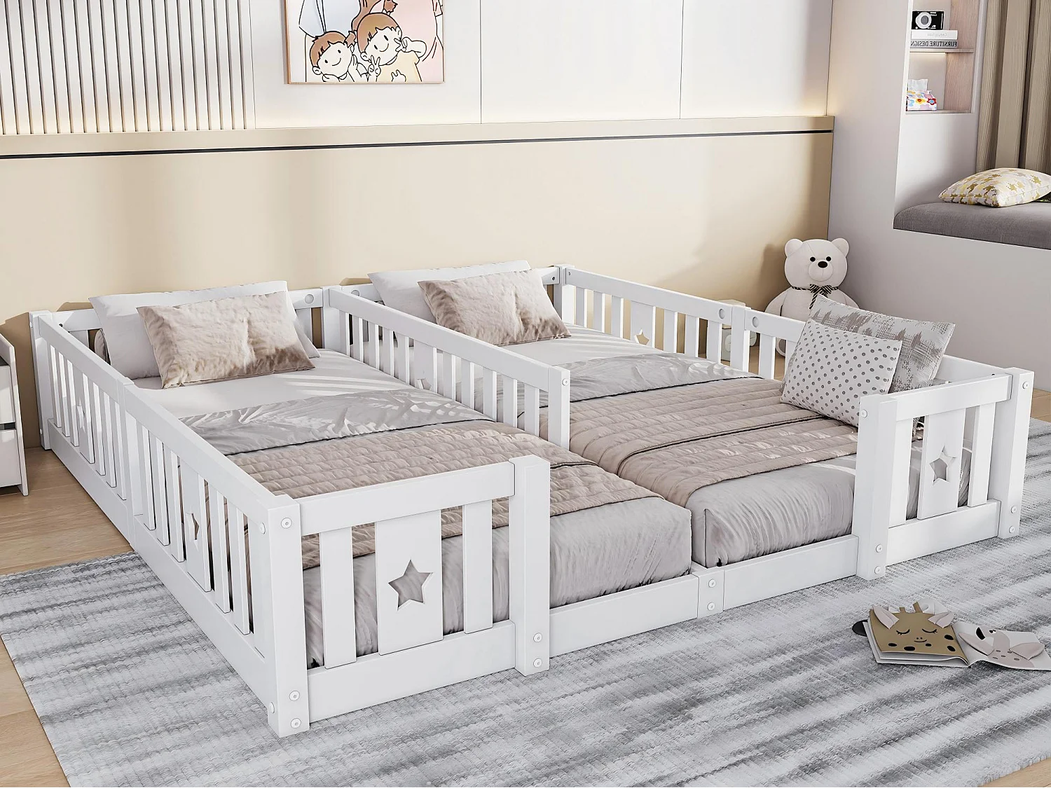 Lit enfant 180x200 cm en bois massif, lit au sol avec barrières, structure à barreaux avec motif étoile