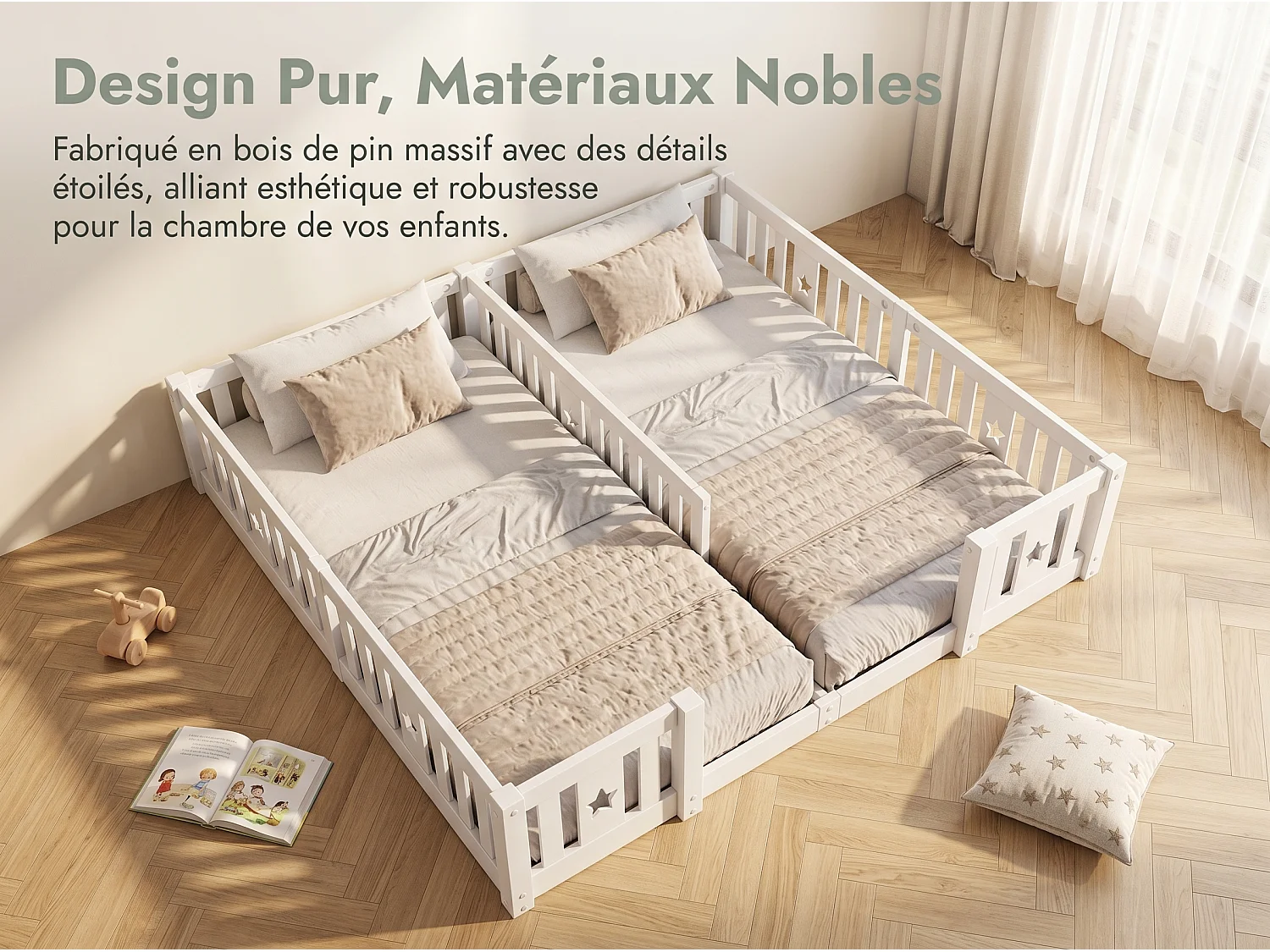Lit enfant au sol 180x200 cm en bois massif - barrières de protection - structure à barreaux - motif étoile