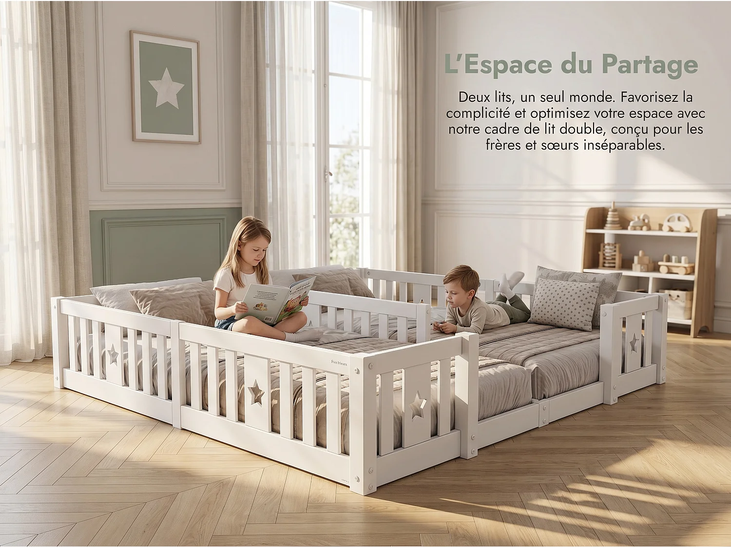 Lit enfant au sol 180x200 cm en bois massif - barrières de protection - structure à barreaux - motif étoile