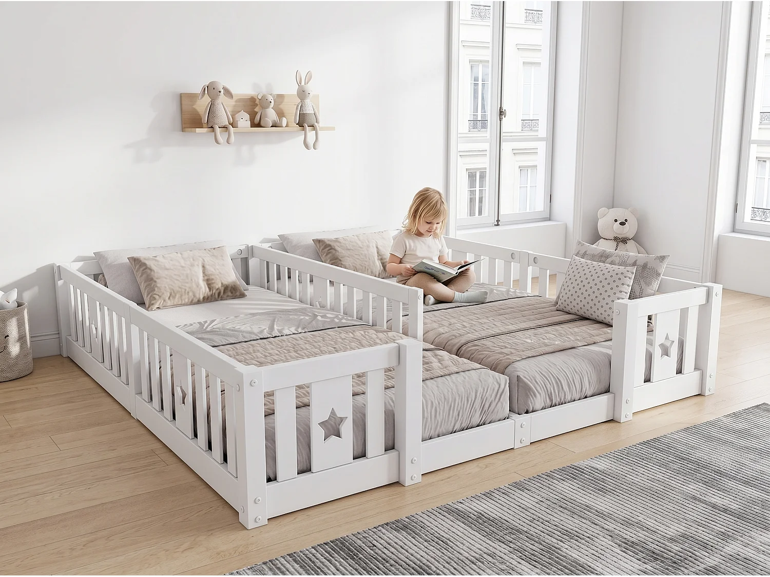 Lit enfant au sol 180x200 cm en bois massif - barrières de protection - structure à barreaux - motif étoile