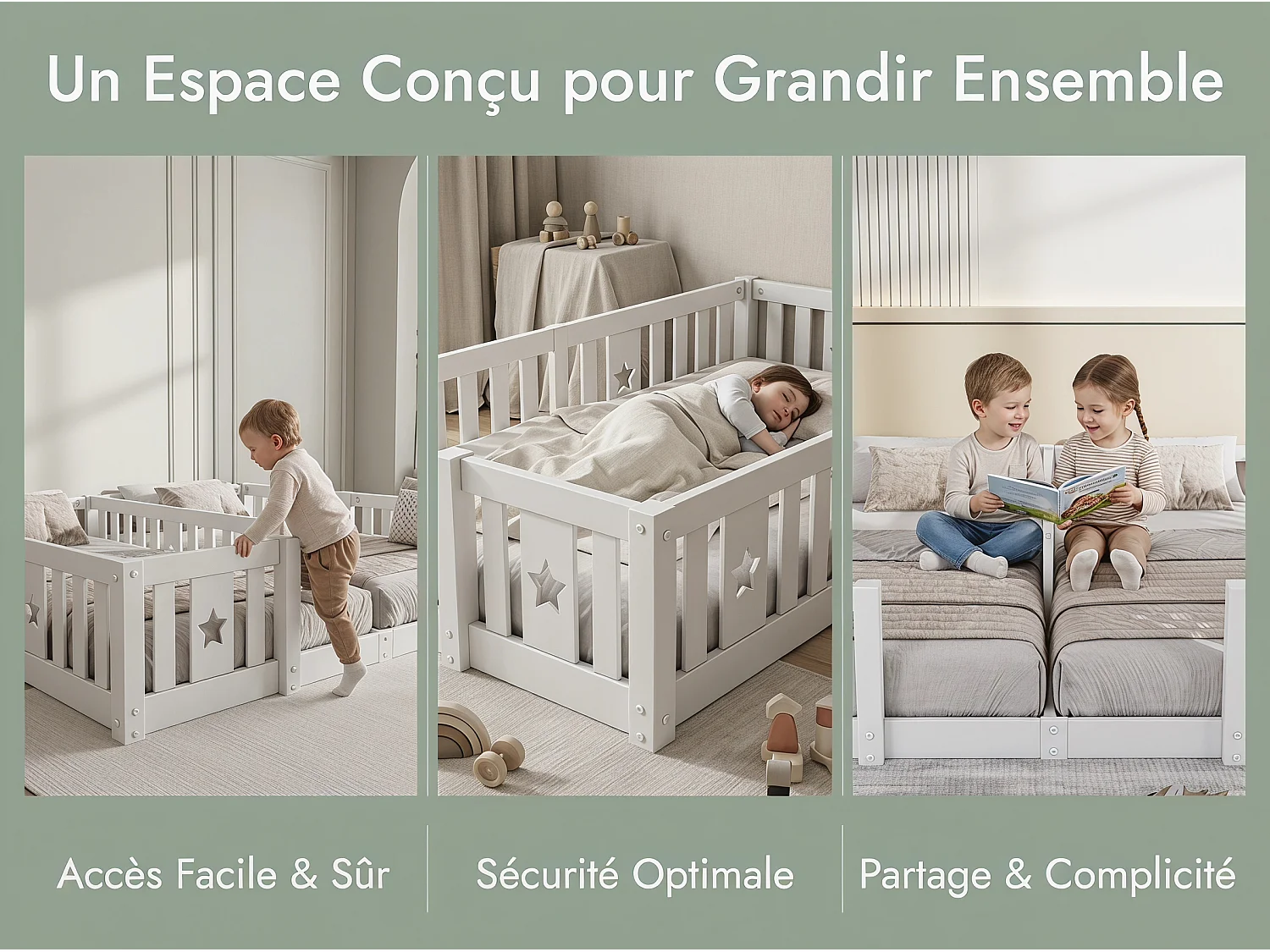 Lit enfant au sol 180x200 cm en bois massif - barrières de protection - structure à barreaux - motif étoile