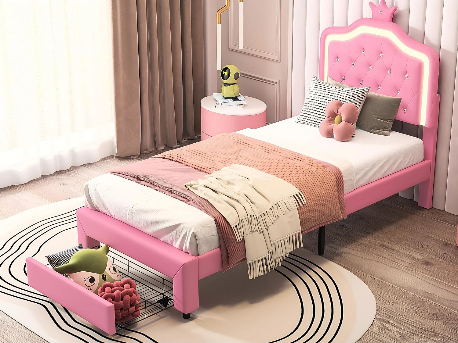 Lit Enfant 90x200 cm LED RGB, Lit Princesse Rose avec Rangement