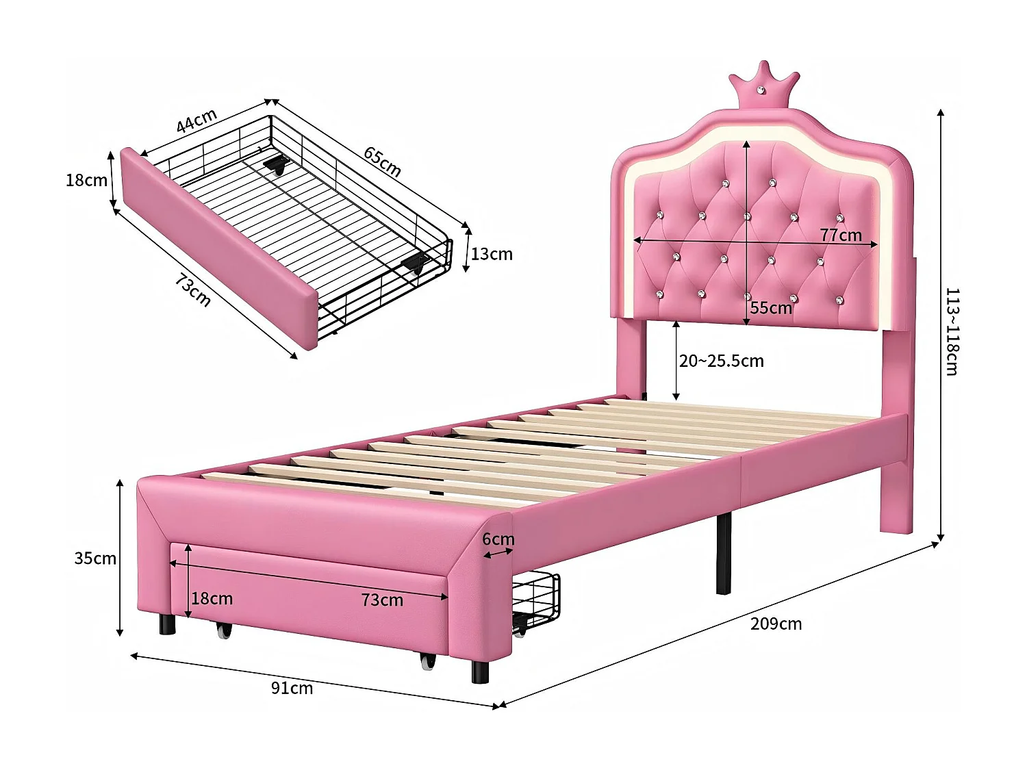 Lit Enfant 90x200 cm LED RGB, Lit Princesse Rose avec Rangement