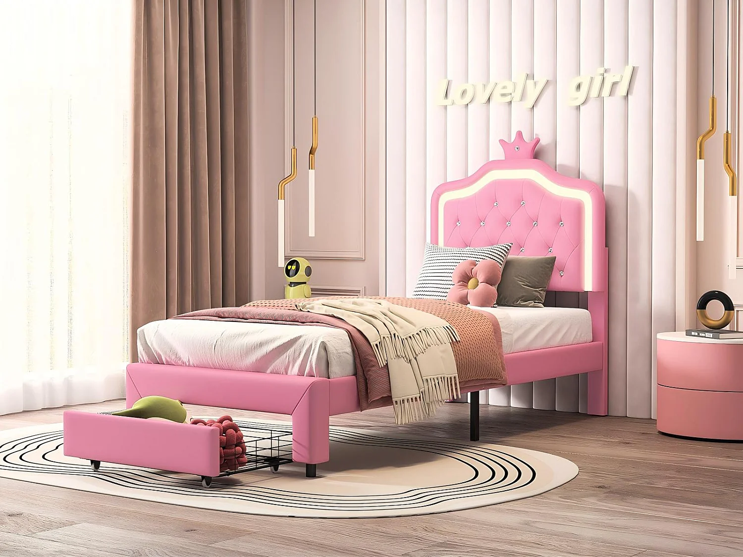 Lit Enfant 90x200 cm LED RGB, Lit Princesse Rose avec Rangement