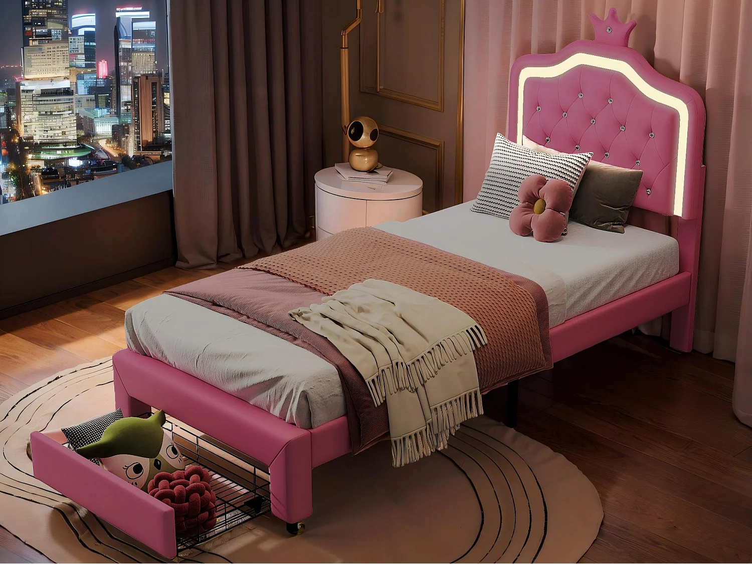 Lit Enfant 90x200 cm LED RGB, Lit Princesse Rose avec Rangement