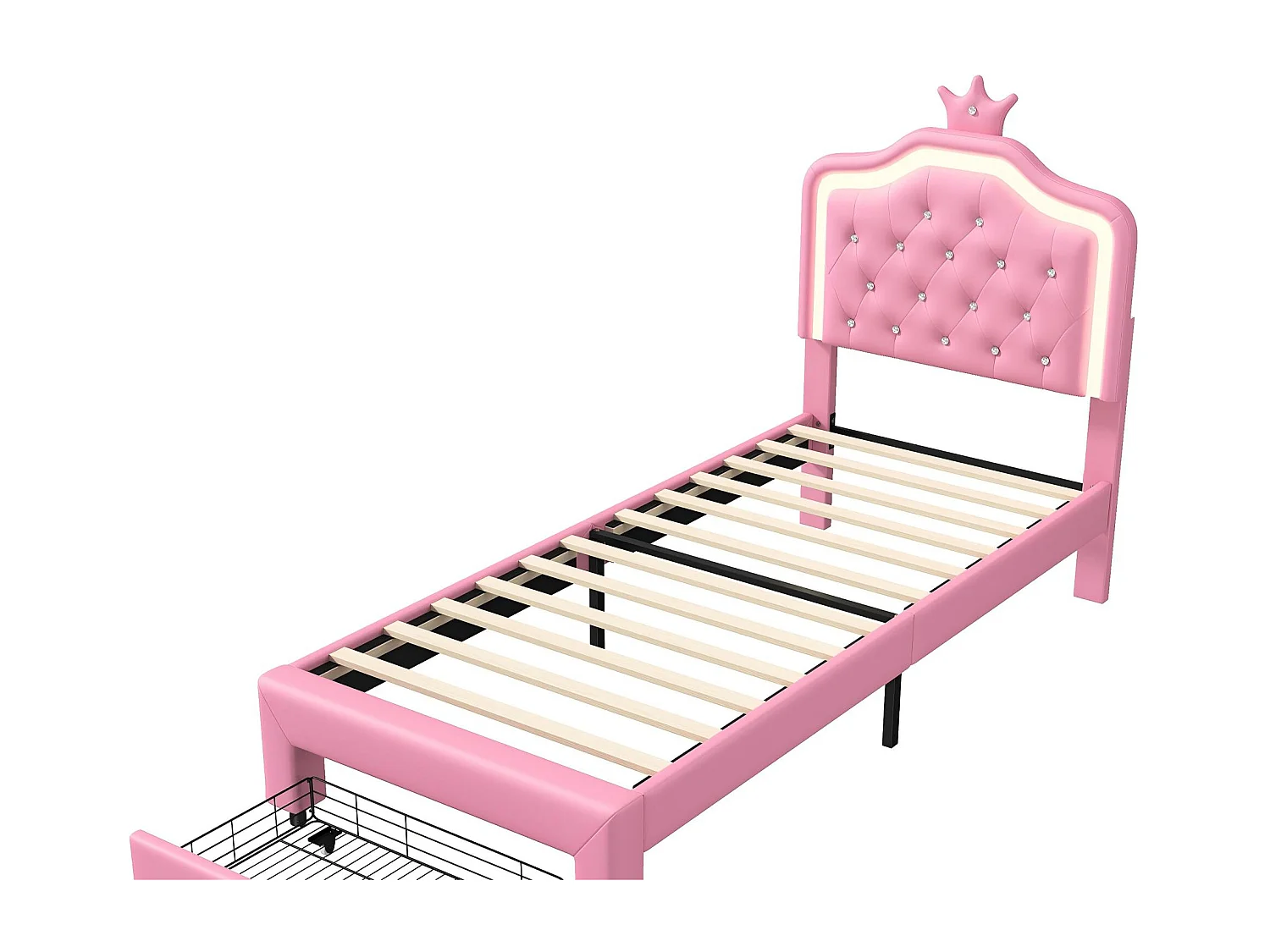 Lit Enfant 90x200 cm LED RGB, Lit Princesse Rose avec Rangement