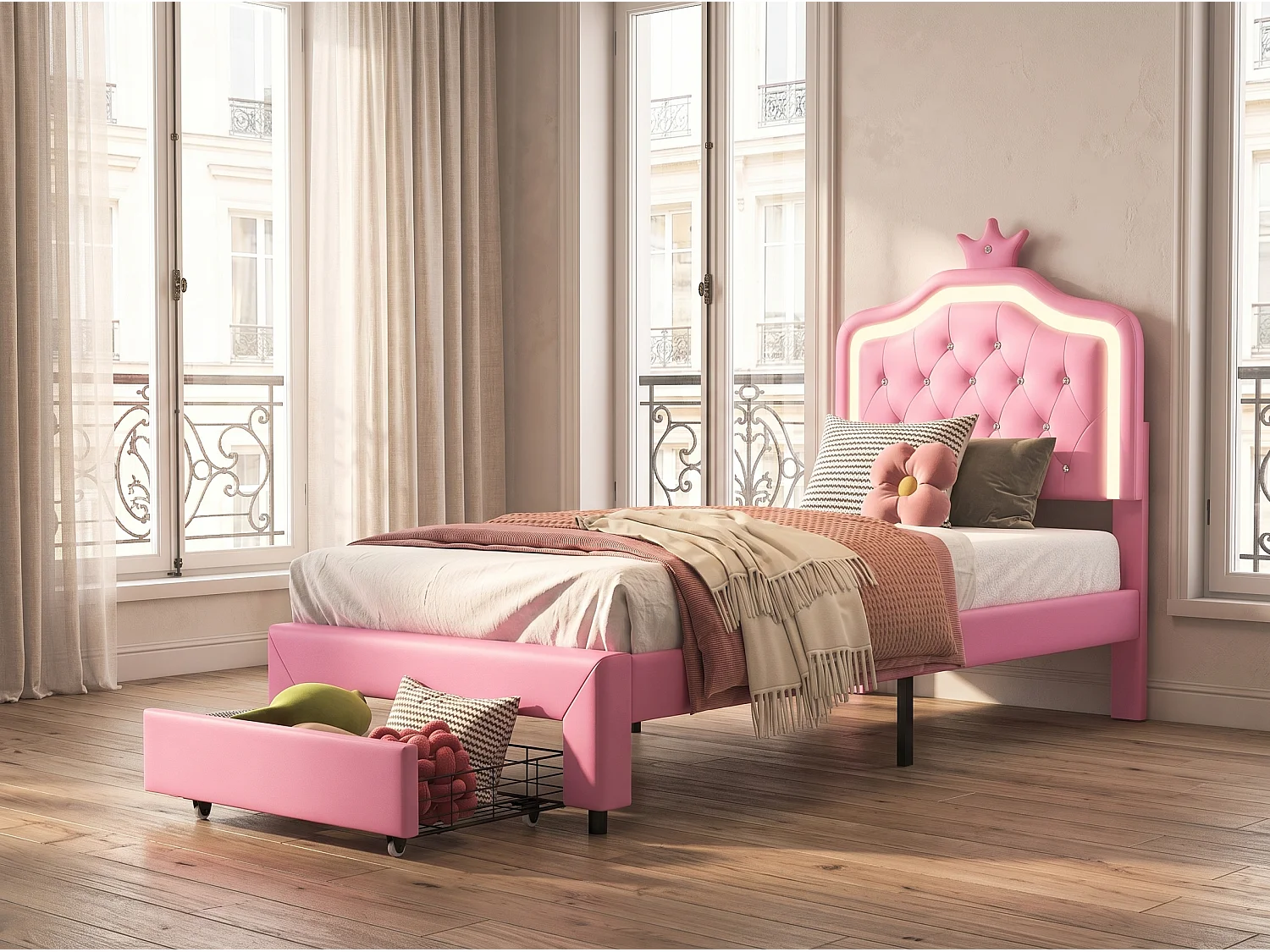 Lit enfant princesse - 90x200cm - avec LED RGB et rangement - Rose