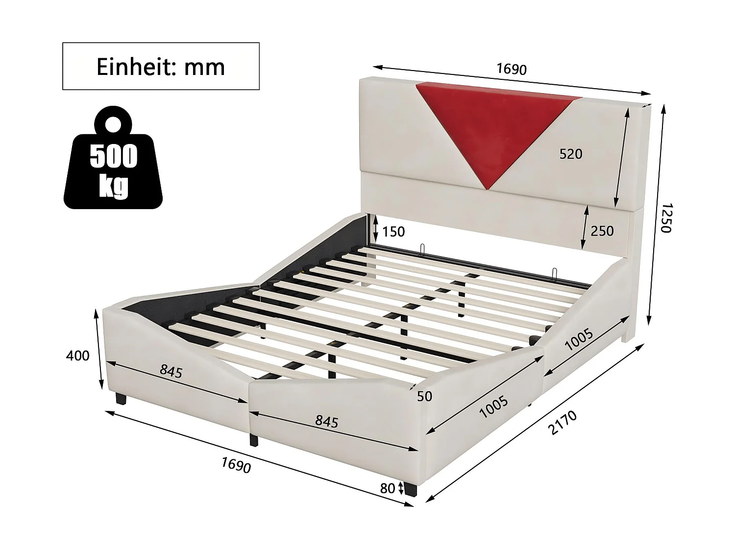 Lit 160x200 cm avec rangement latéral, cadre de lit rembourré bicolore, grande capacité, sommier à lattes, design moderne