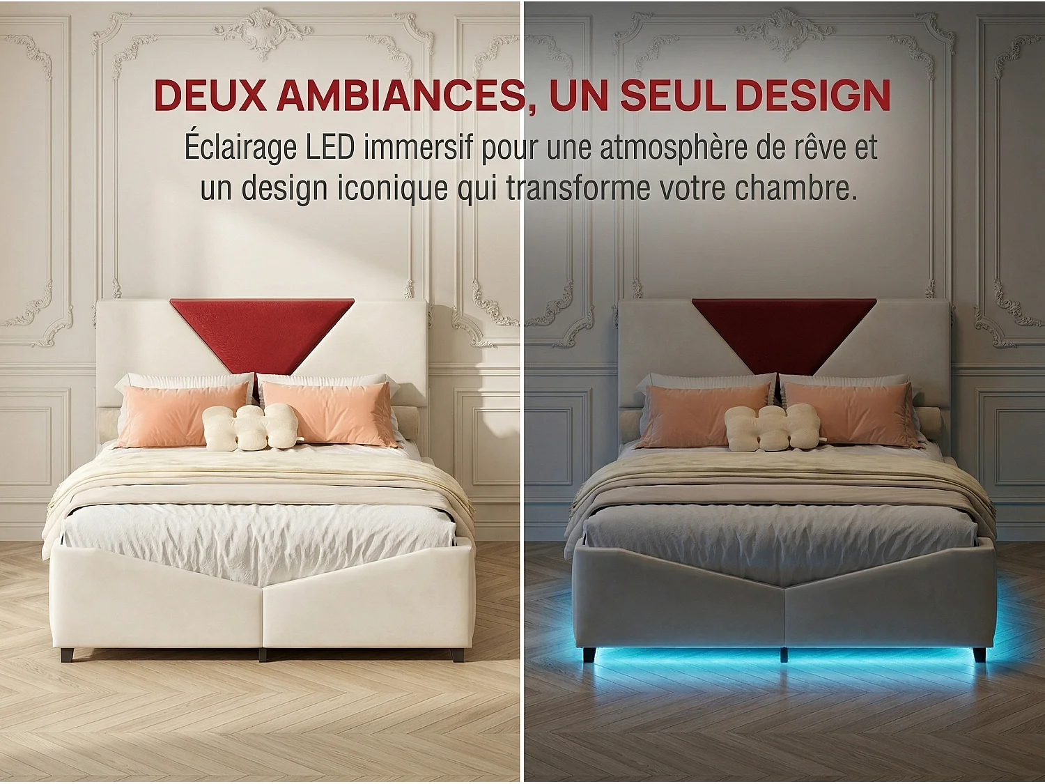 Lit double 140x200 cm - Lit 160x200 cm avec rangement, design triangulaire, tête de lit LED réglable- Beige