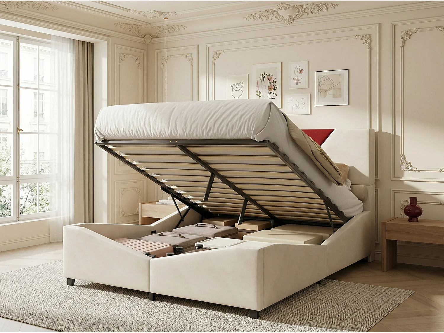Lit double 140x200 cm - Lit 160x200 cm avec rangement, design triangulaire, tête de lit LED réglable- Beige