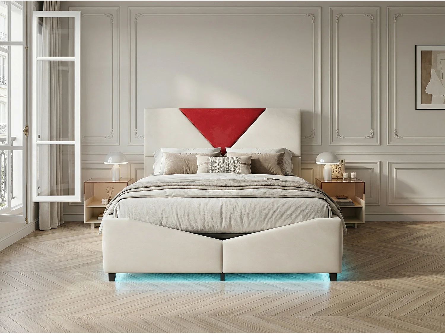 Lit double 140x200 cm - Lit 160x200 cm avec rangement, design triangulaire, tête de lit LED réglable- Beige