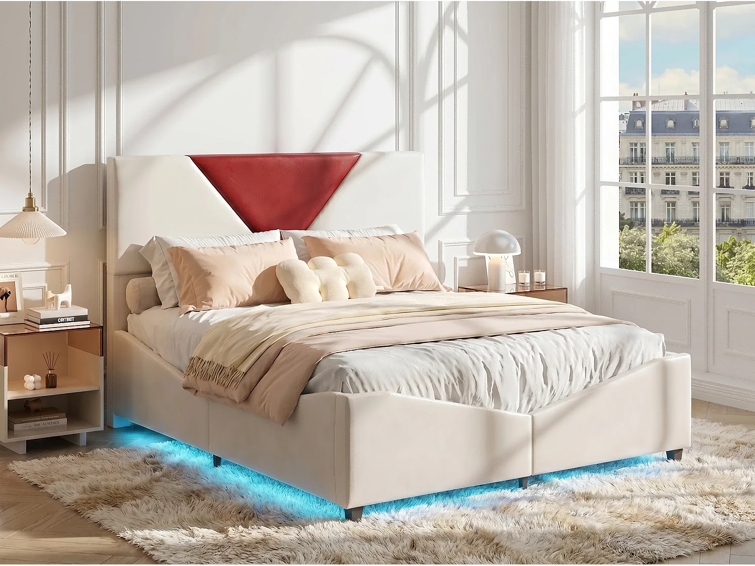Lit double 140x200 cm - Lit 160x200 cm avec rangement, design triangulaire, tête de lit LED réglable- Beige