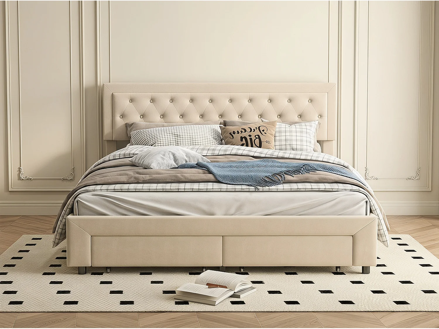 Lit double capitonné 180 x 200 cm - Tissu velours - Avec tiroirs de rangement - Sommier à lattes - Beige