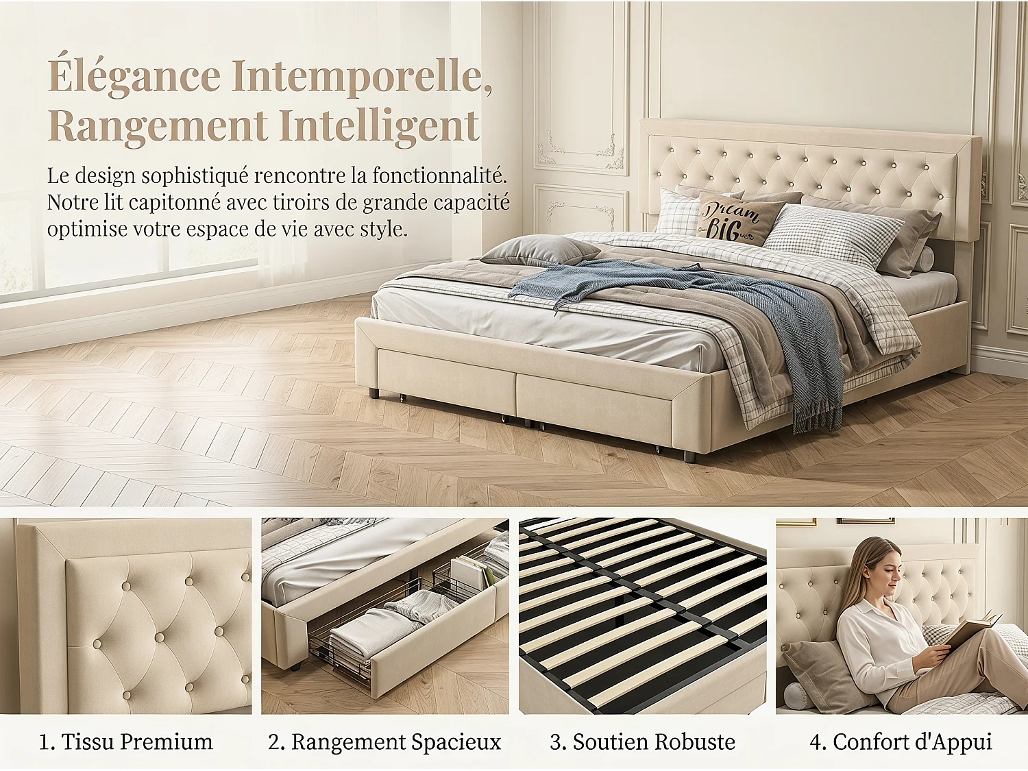 Lit double capitonné 180 x 200 cm - Tissu velours - Avec tiroirs de rangement - Sommier à lattes - Beige