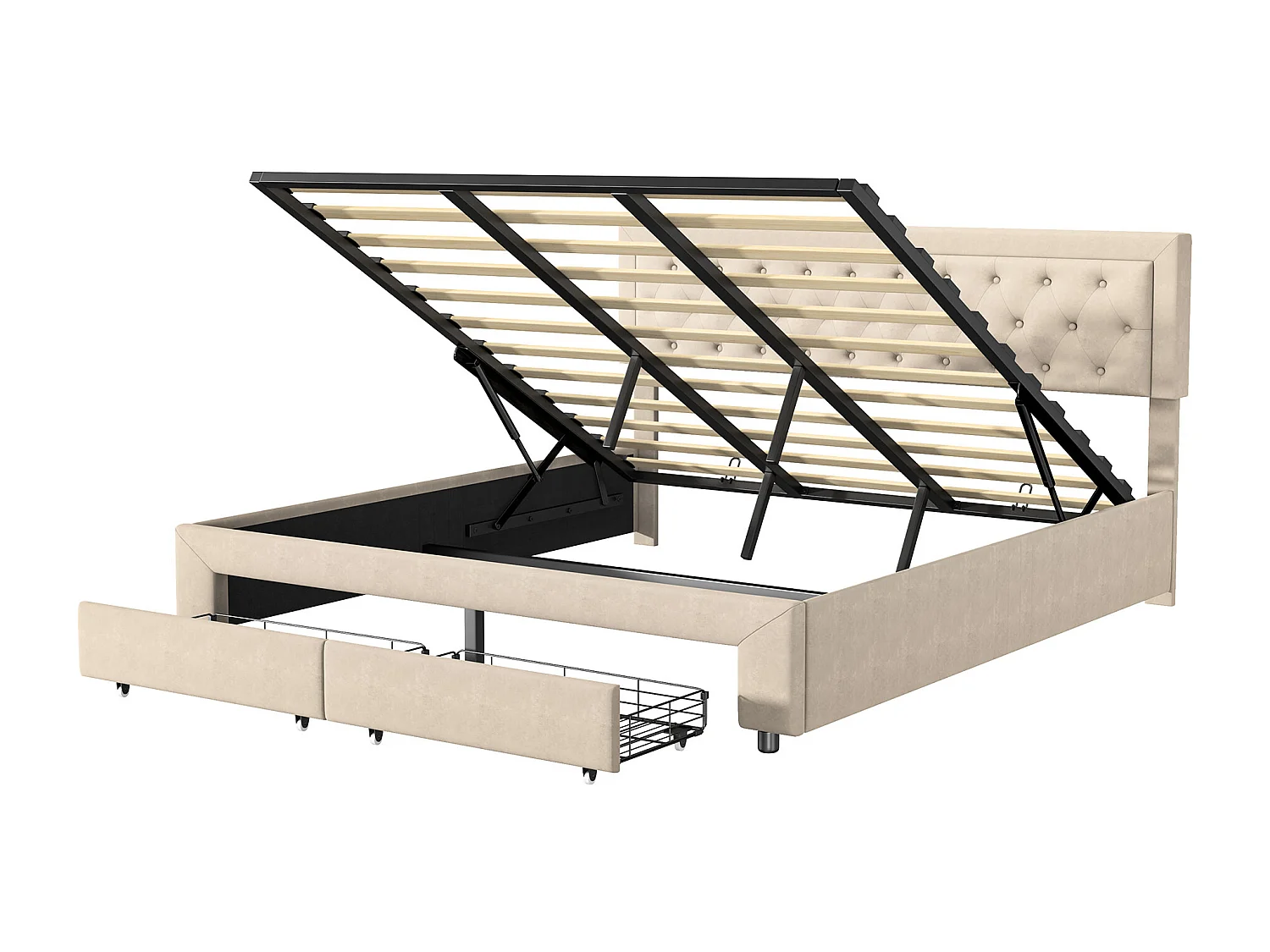 Lit double capitonné 180 x 200 cm - Tissu velours - Avec tiroirs de rangement - Sommier à lattes - Beige