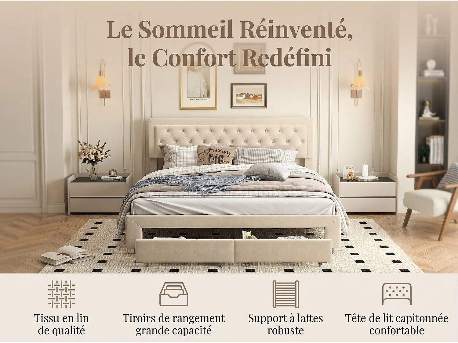 Lit double capitonné 180 x 200 cm - Tissu velours - Avec tiroirs de rangement - Sommier à lattes - Beige