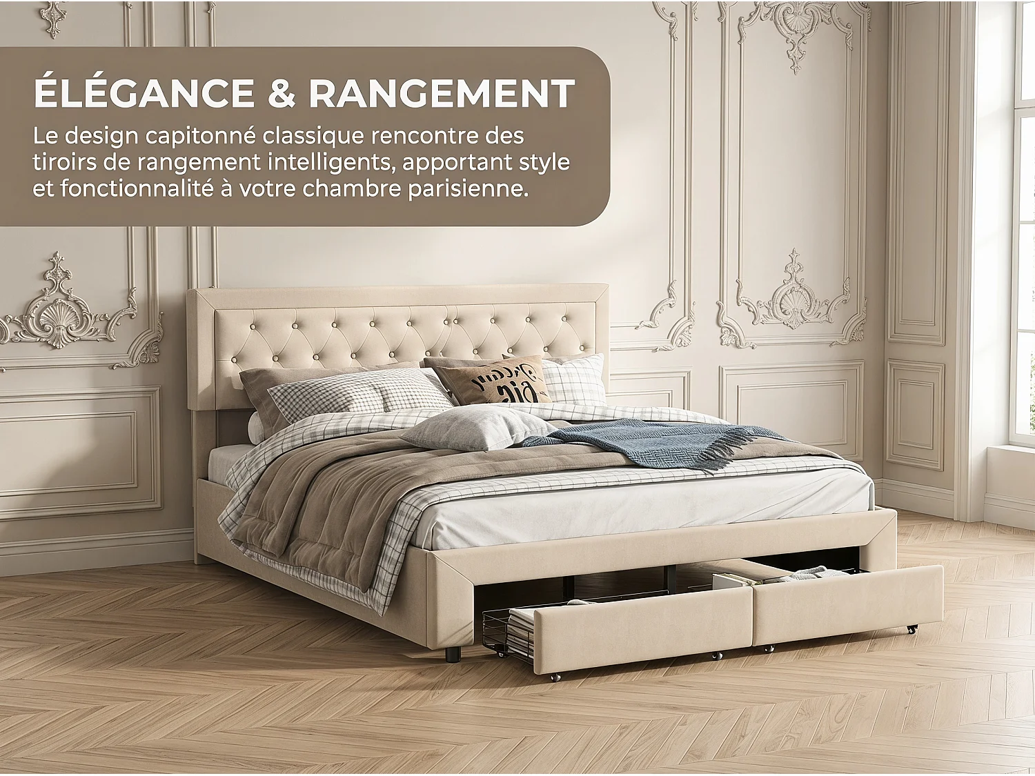Lit double capitonné 180 x 200 cm - Tissu velours - Avec tiroirs de rangement - Sommier à lattes - Beige