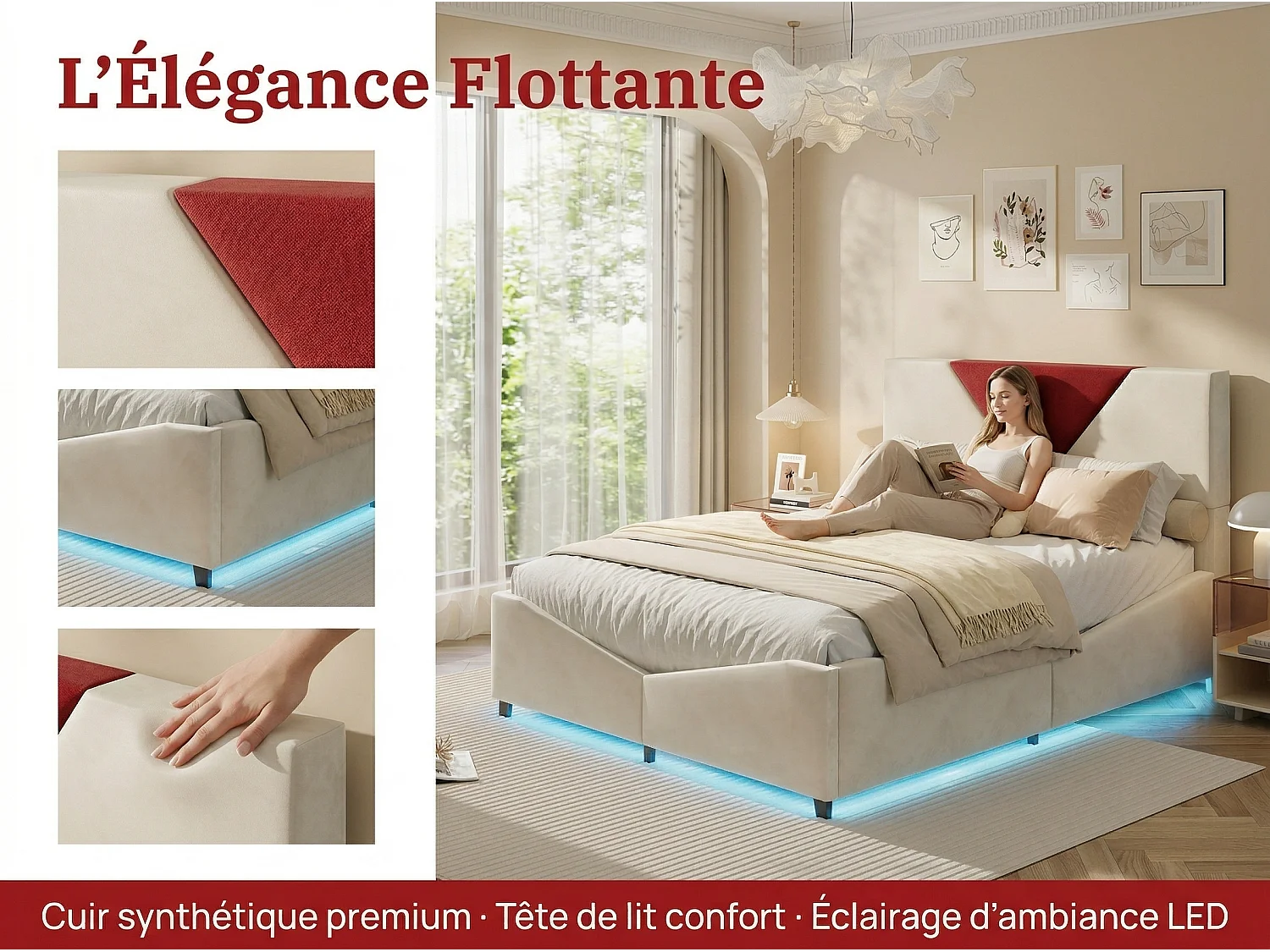 Lit 140x190 cm avec rangement latéral, cadre de lit rembourré bicolore, grande capacité, sommier à lattes, design moderne