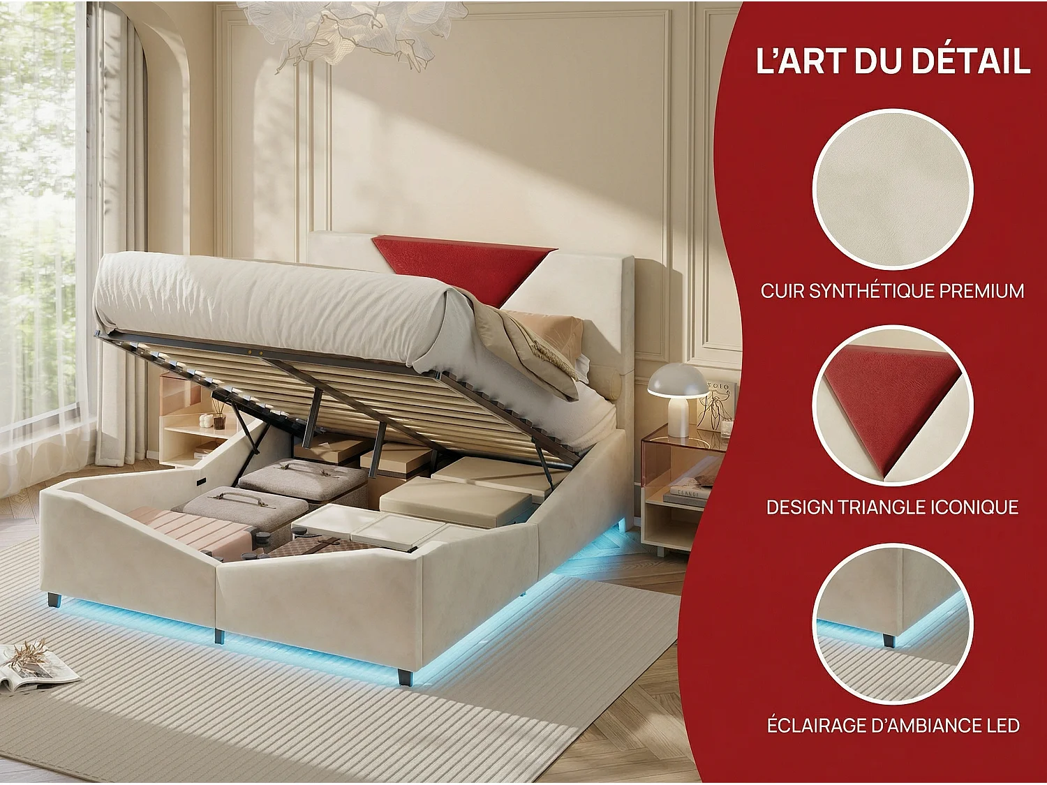 Lit 140x190 cm avec rangement latéral, cadre de lit rembourré bicolore, grande capacité, sommier à lattes, design moderne