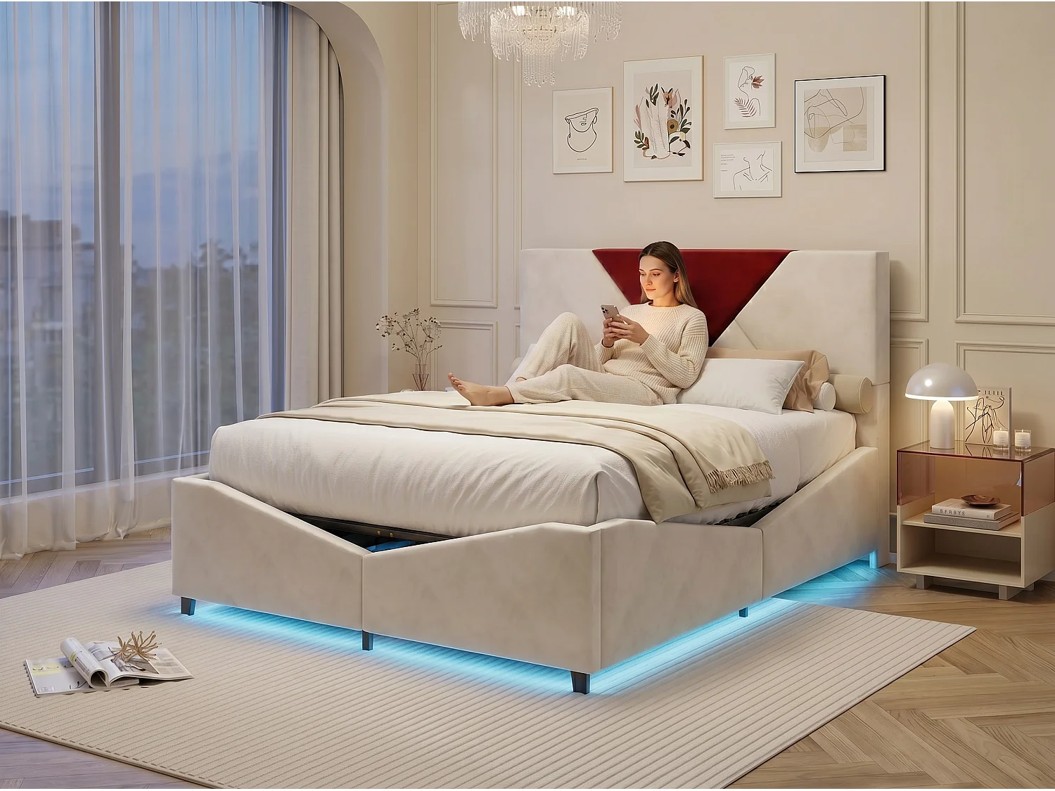 Lit double 140x200 cm - Lit 140x190 cm avec rangement, design triangulaire, tête de lit LED réglable- Beige