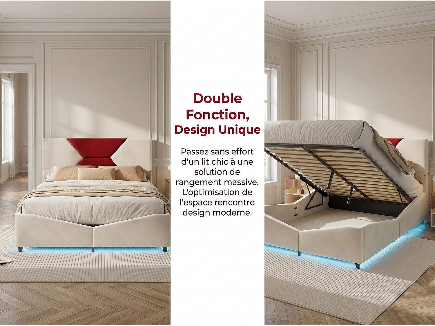 Lit double 140x200 cm - Lit 140x190 cm avec rangement, design triangulaire, tête de lit LED réglable- Beige