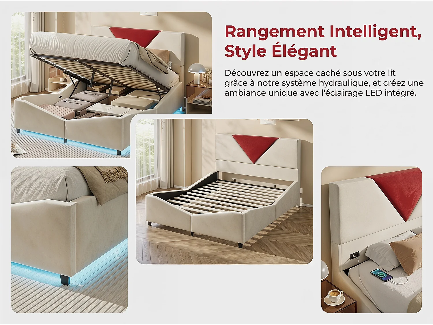Lit double 140x200 cm - Lit 140x190 cm avec rangement, design triangulaire, tête de lit LED réglable- Beige