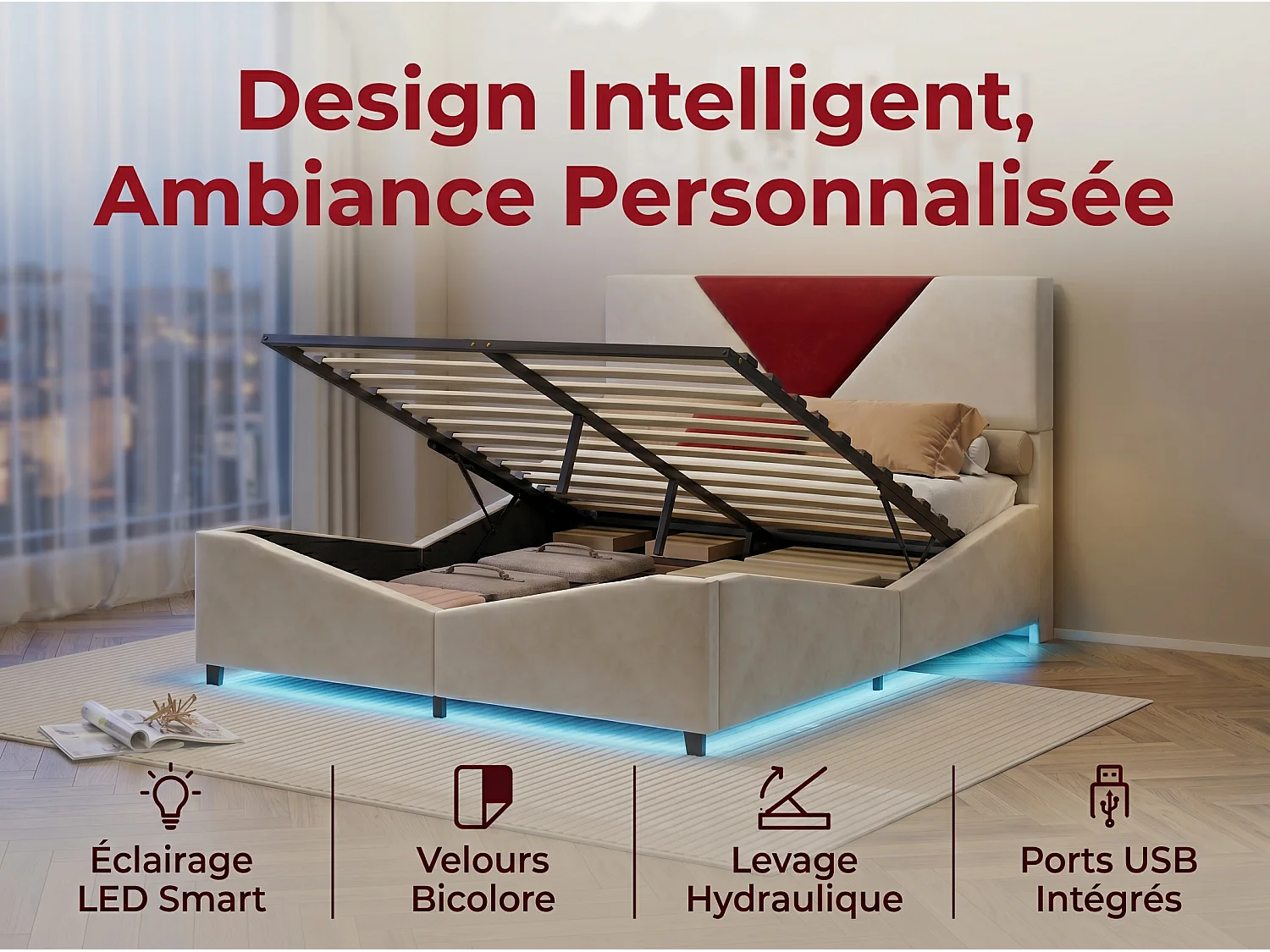 Lit double 140x200 cm - Lit 140x190 cm avec rangement, design triangulaire, tête de lit LED réglable- Beige