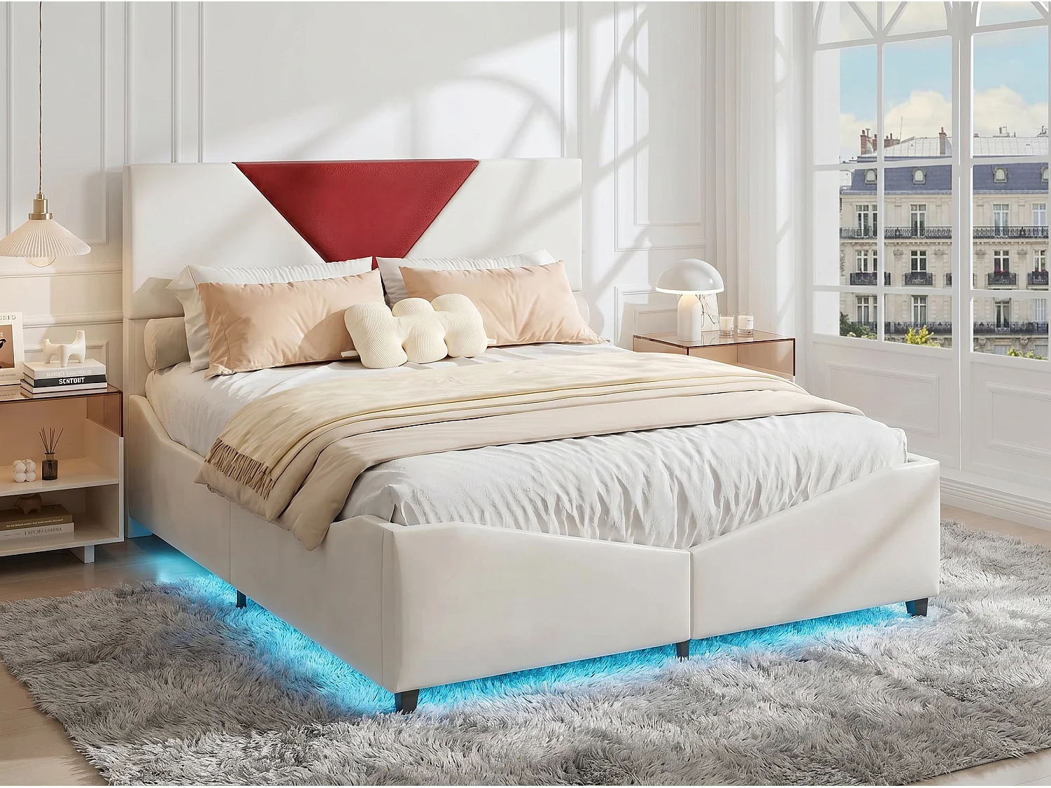 Lit double 140x200 cm - Lit 140x190 cm avec rangement, design triangulaire, tête de lit LED réglable- Beige