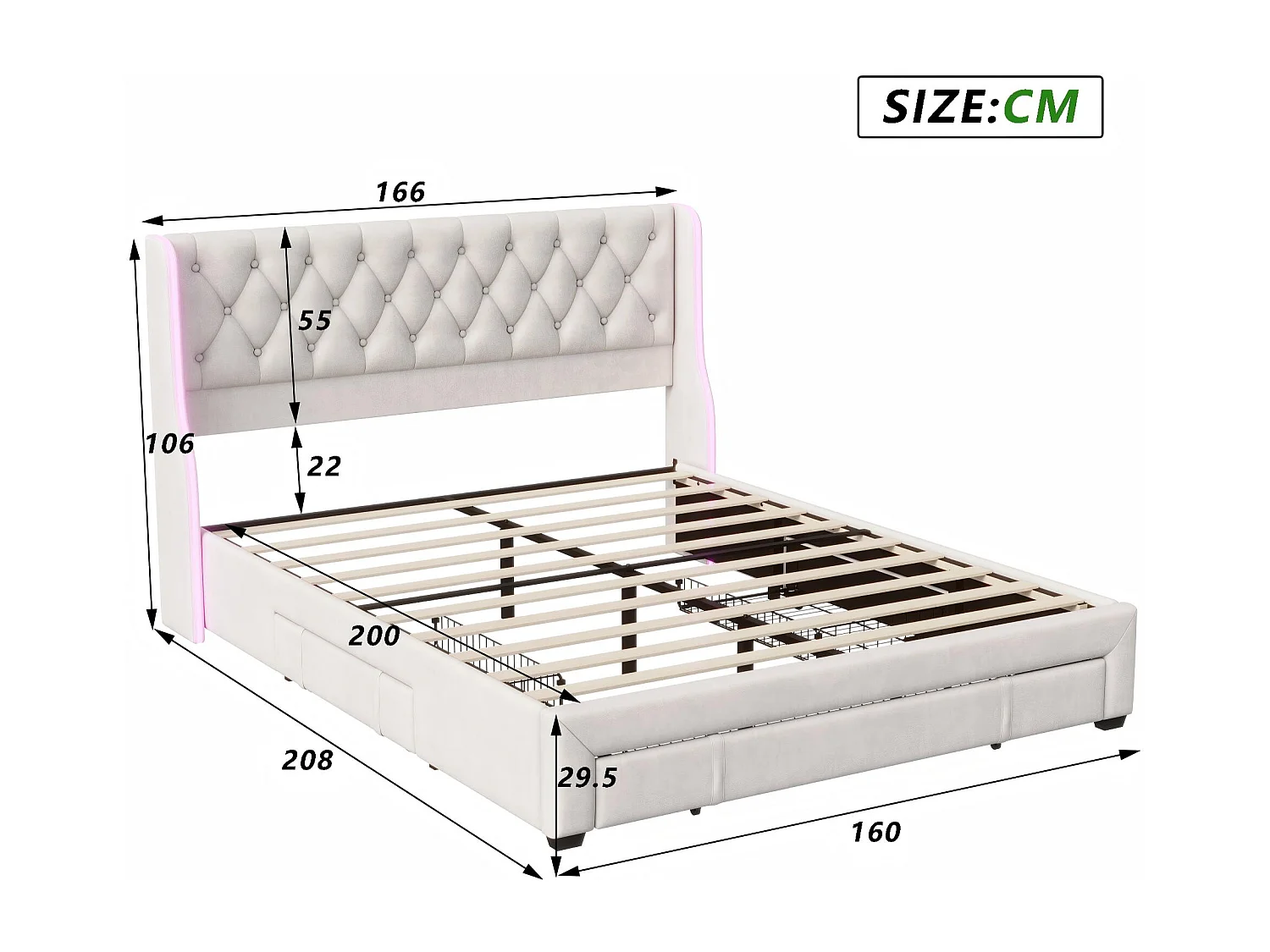 Lit rembourré 160x200 cm - avec tiroirs et éclairage LED - tête de lit haute - tissu beige - sommier inclus
