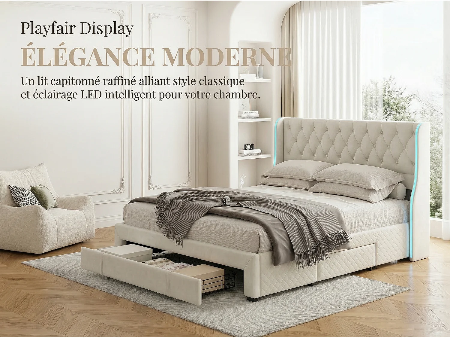 Lit rembourré 160x200 cm - avec tiroirs et éclairage LED - tête de lit haute - tissu beige - sommier inclus