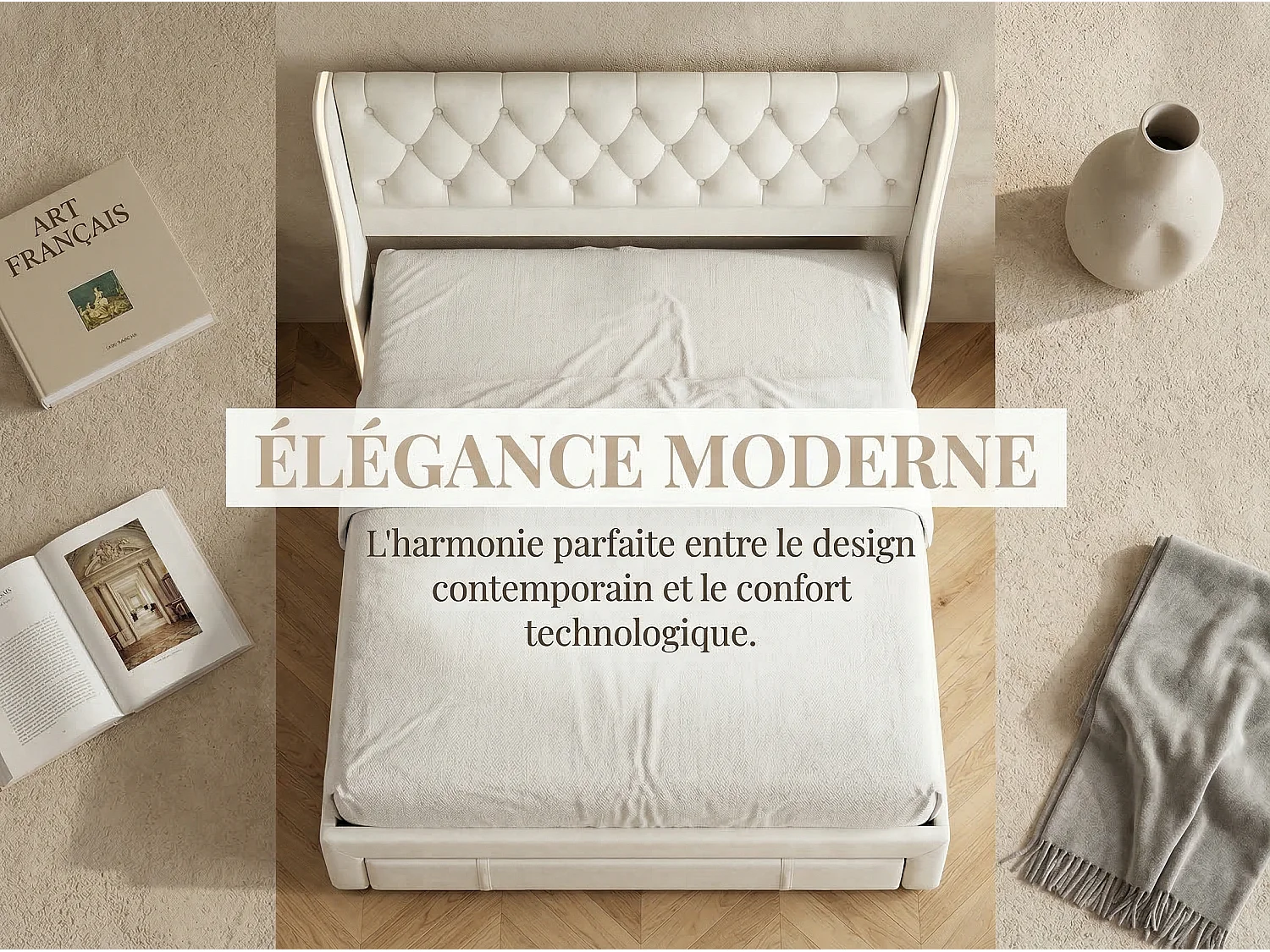 Lit rembourré 160x200 cm - avec tiroirs et éclairage LED - tête de lit haute - tissu beige - sommier inclus