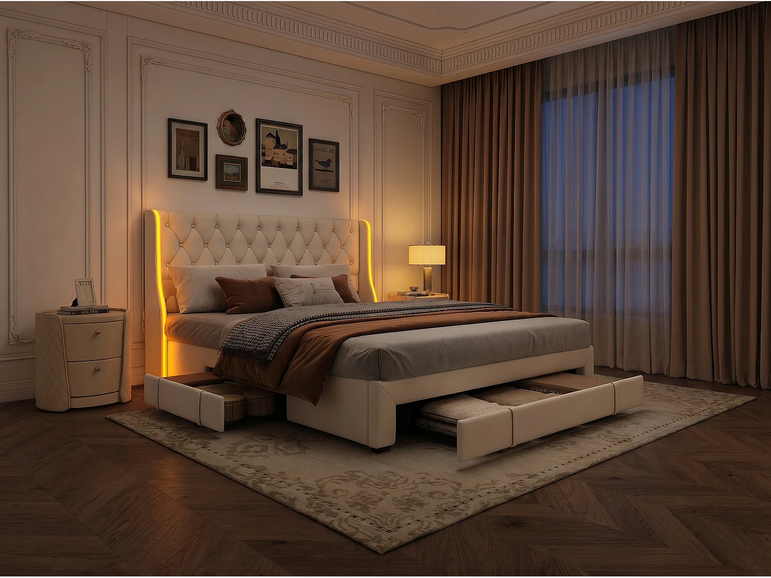 Lit rembourré 160x200 cm - avec tiroirs et éclairage LED - tête de lit haute - tissu beige - sommier inclus