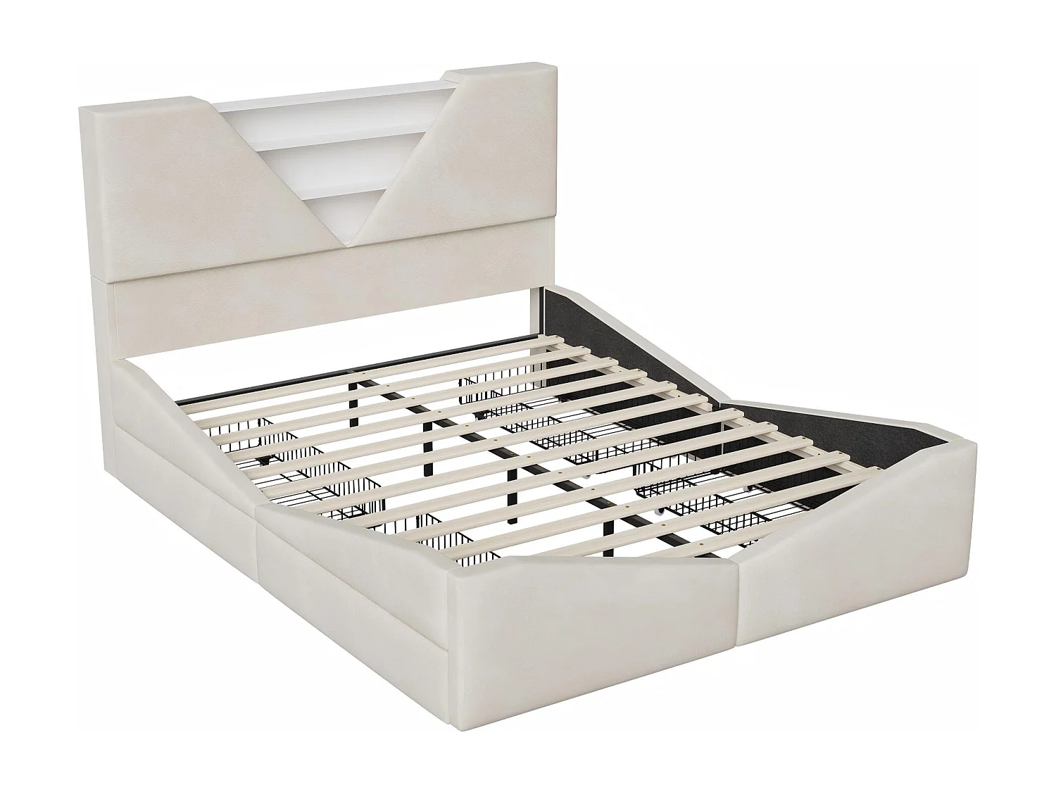 Lit double, 140x200 , avec espace de rangement, tête de lit triangulaire à LED, tiroirs latéraux, tissu beige.