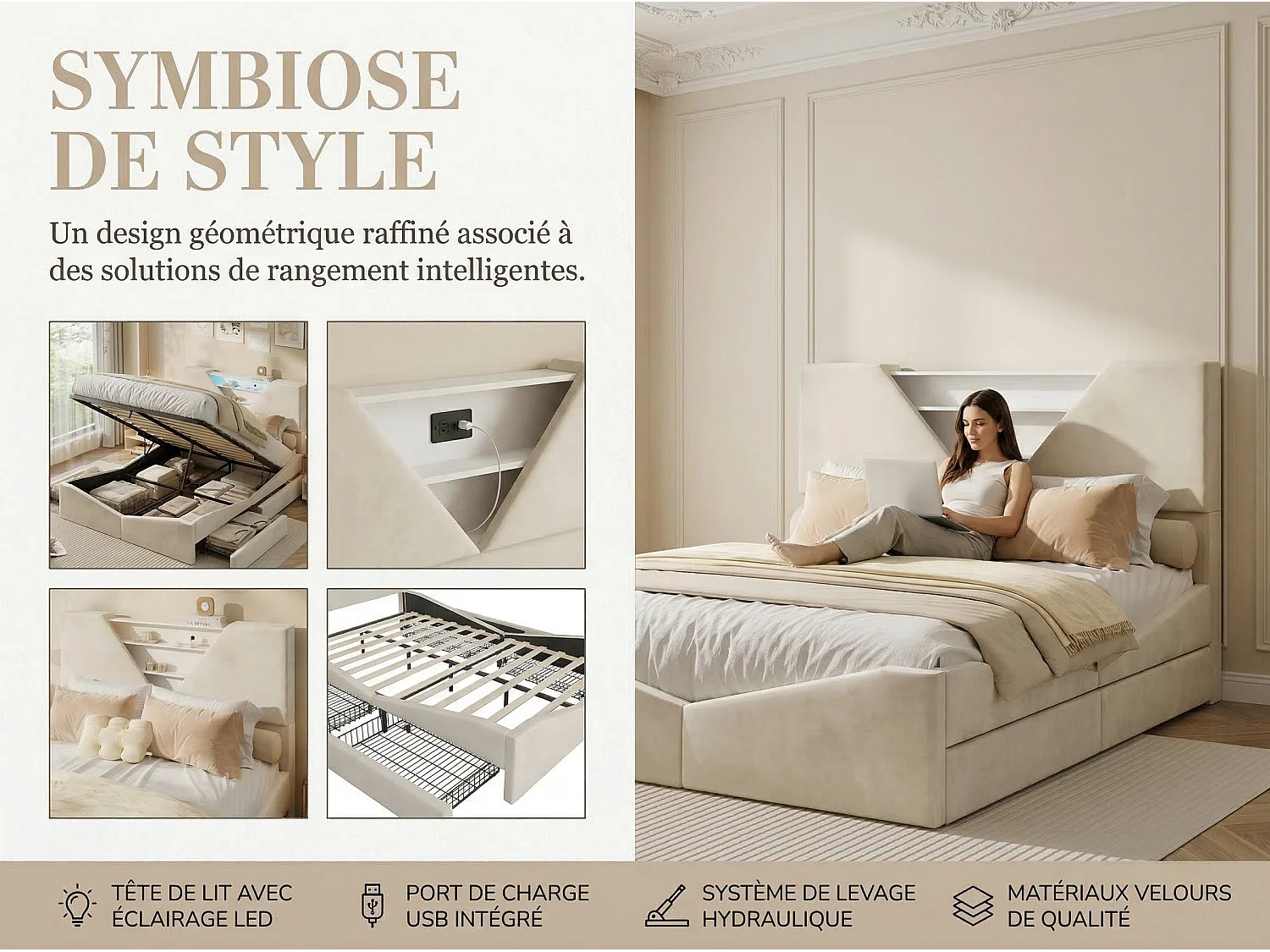 Lit coffre rembourré  140x200cm - avec tête de lit LED - Tête de lit triangulaire LED - Sommier à lattes en bois - Tissu Beige