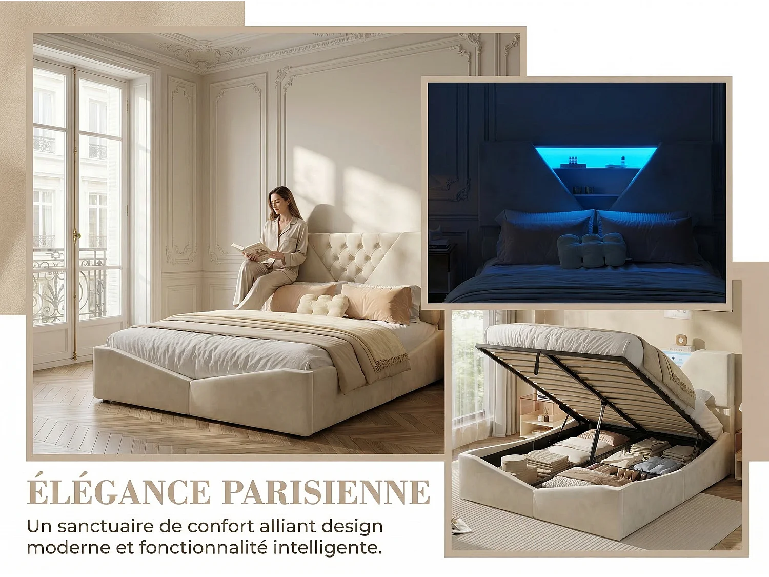 Lit coffre rembourré  140x200cm - avec tête de lit LED - Tête de lit triangulaire LED - Sommier à lattes en bois - Tissu Beige