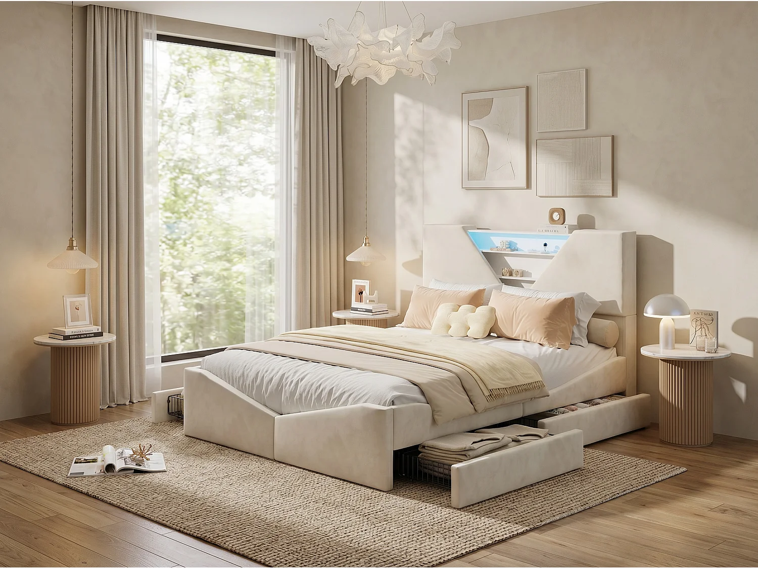 Lit coffre rembourré  140x200cm - avec tête de lit LED - Tête de lit triangulaire LED - Sommier à lattes en bois - Tissu Beige