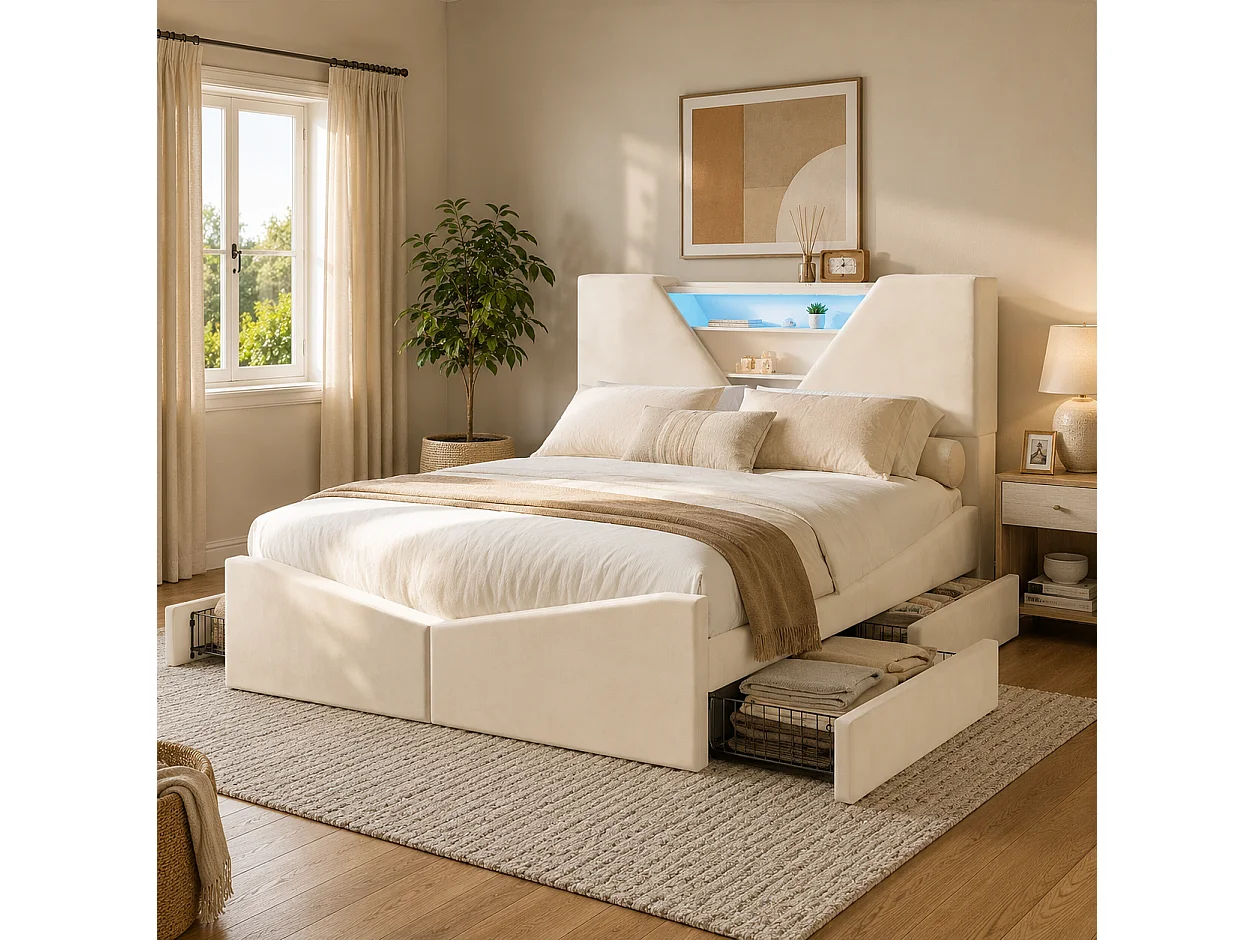 Lit coffre rembourré  140x200cm - avec tête de lit LED - Tête de lit triangulaire LED - Sommier à lattes en bois - Tissu Beige