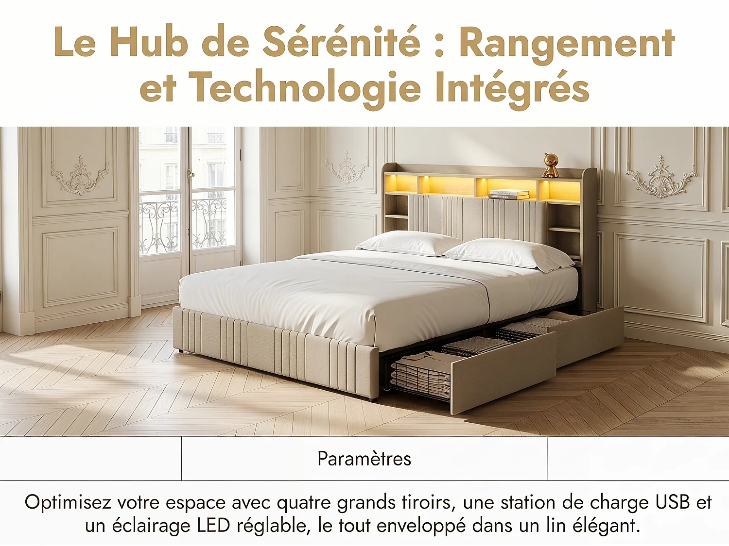 Lit rembourré 160x200 cm - avec éclairage LED et tiroirs - tête de lit avec étagères - sommier inclus