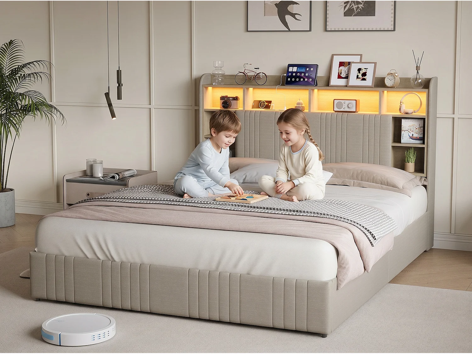 Lit rembourré 160x200 cm - avec éclairage LED et tiroirs - tête de lit avec étagères - sommier inclus