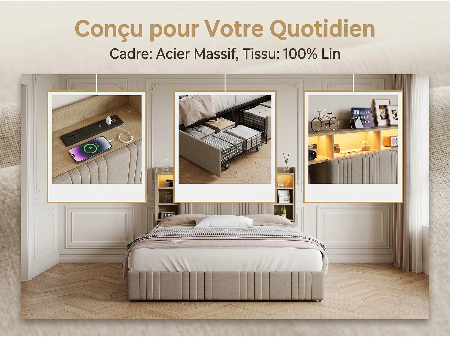 Lit rembourré 160x200 cm - avec éclairage LED et tiroirs - tête de lit avec étagères - sommier inclus