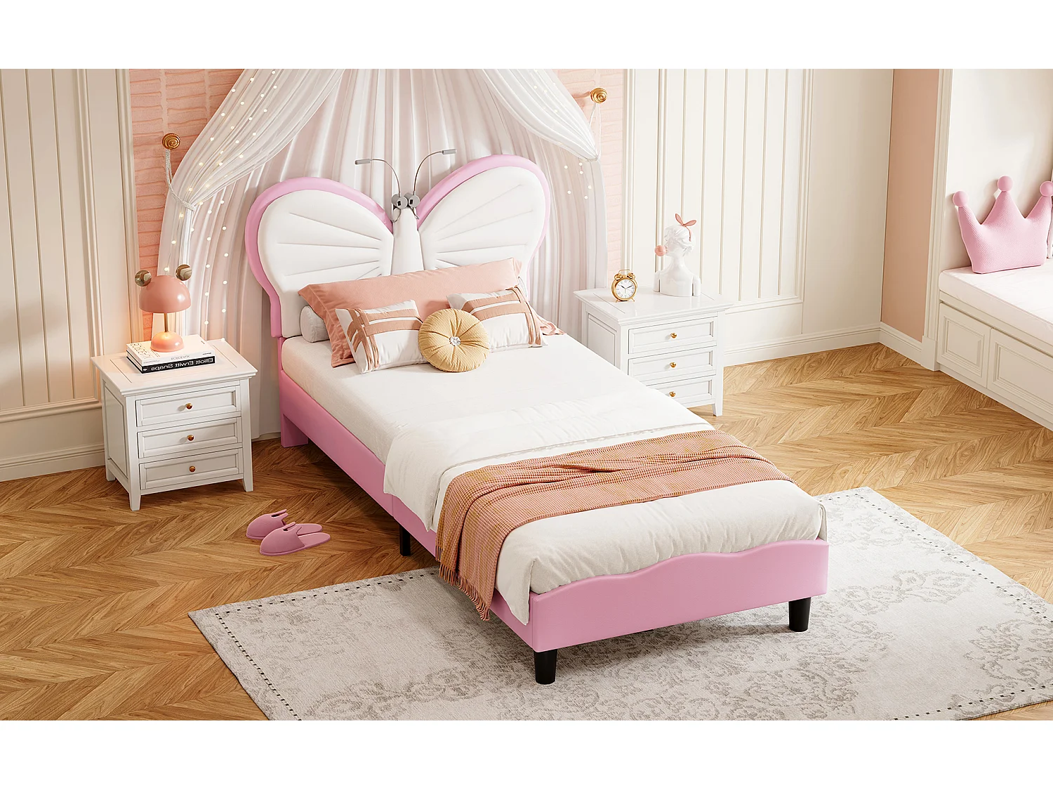 Lit 90x190 enfant avec LED, lit rembourré velours, tête de lit papillon réglable, sommier à lattes