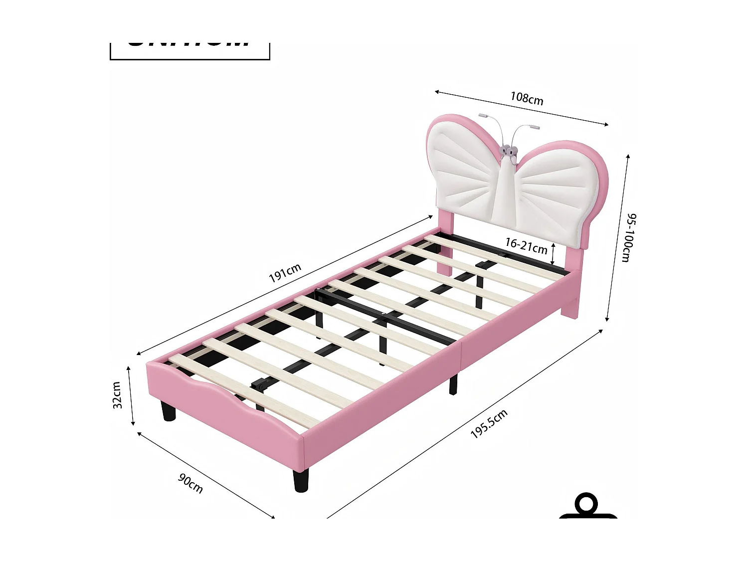 Lit 90x190 enfant avec LED, lit rembourré velours, tête de lit papillon réglable, sommier à lattes