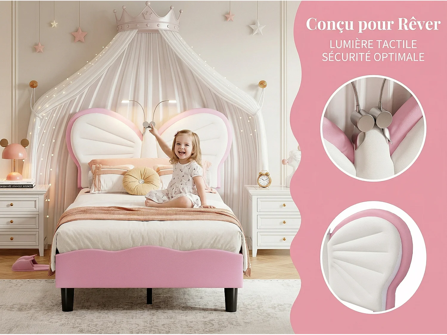 Lit 90x190 enfant avec LED, lit rembourré velours, tête de lit papillon réglable, sommier à lattes