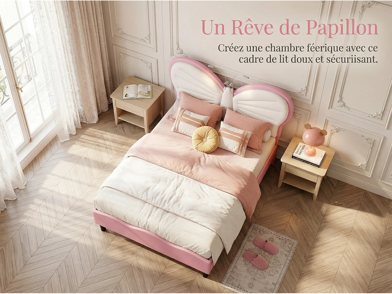 Lit enfant 90x190 cm - LED intégrée - Lit rembourré velours - Tête de lit papillon réglable - Sommier à lattes
