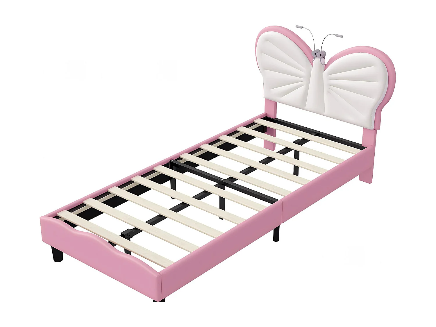 Lit enfant 90x190 cm - LED intégrée - Lit rembourré velours - Tête de lit papillon réglable - Sommier à lattes