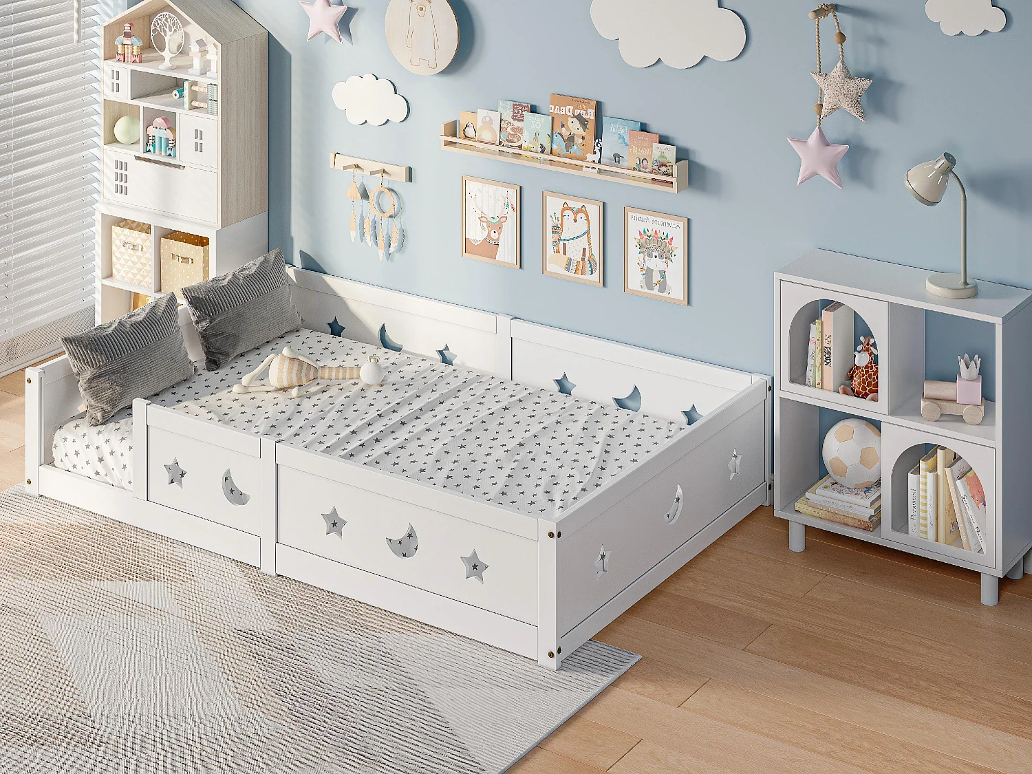 Lit enfant en bois massif avec barrière de sécurité, lit junior motif étoile lune, peinture à l’eau, design moderne