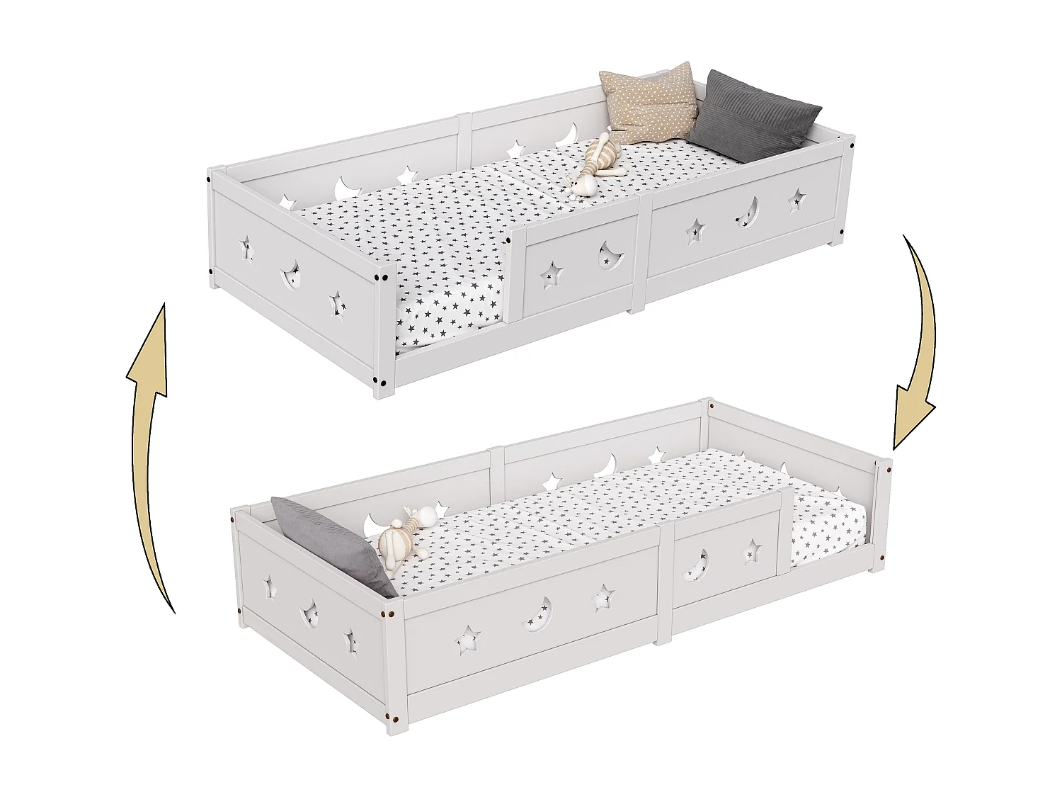 Lit enfant en bois massif avec barrière de sécurité, lit junior motif étoile lune, peinture à l’eau, design moderne