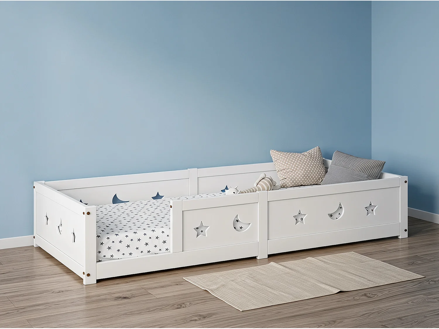 Lit enfant en bois massif - avec barrière de sécurité - motif étoile et lune - peinture à l’eau - design moderne