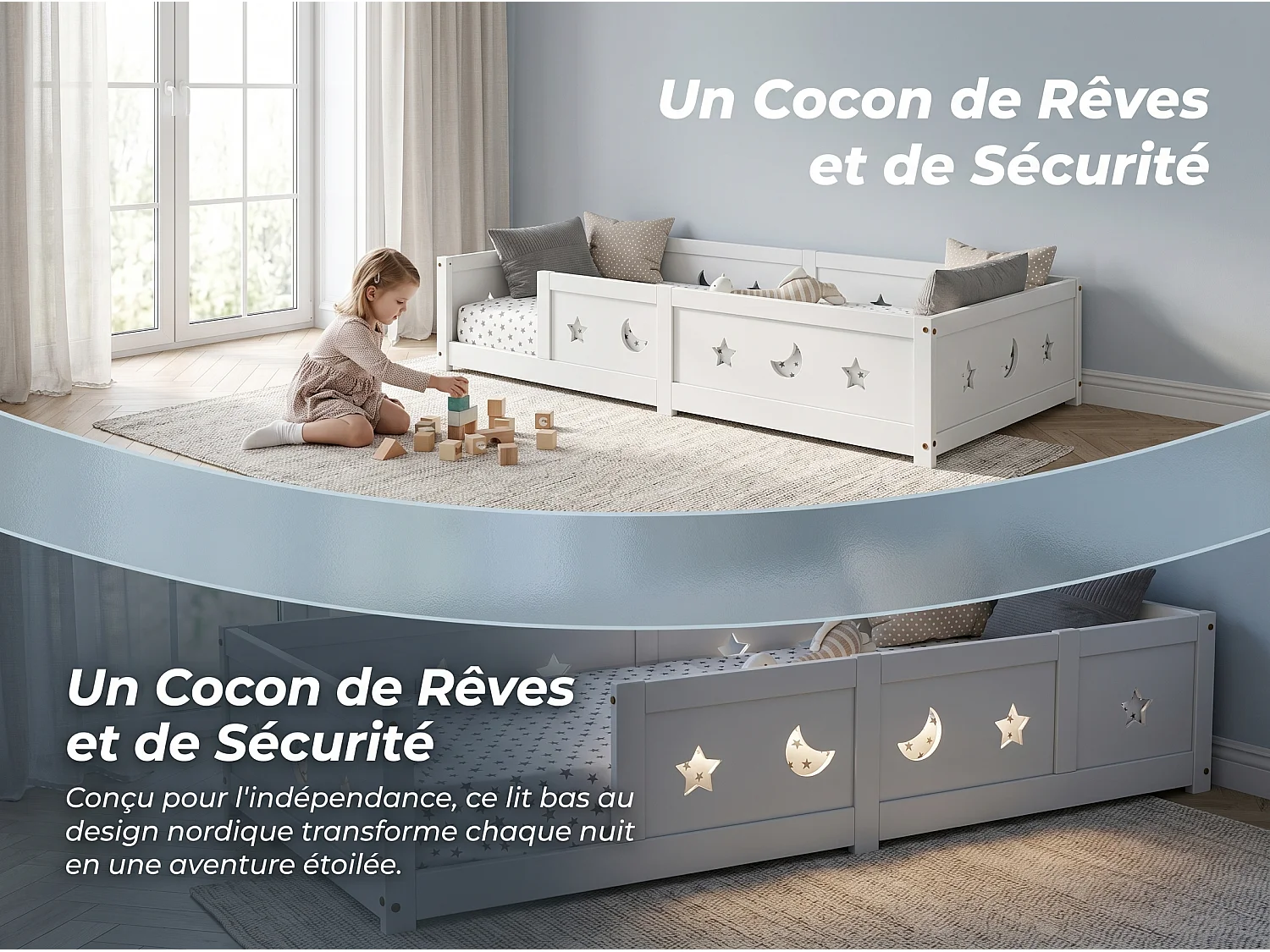 Lit enfant en bois massif - avec barrière de sécurité - motif étoile et lune - peinture à l’eau - design moderne